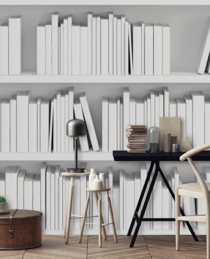 White Bookshelves Wallpaper Mural