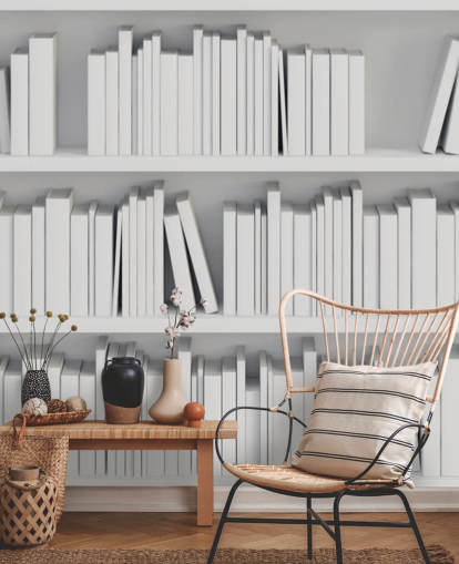 White Bookshelves Wallpaper Mural