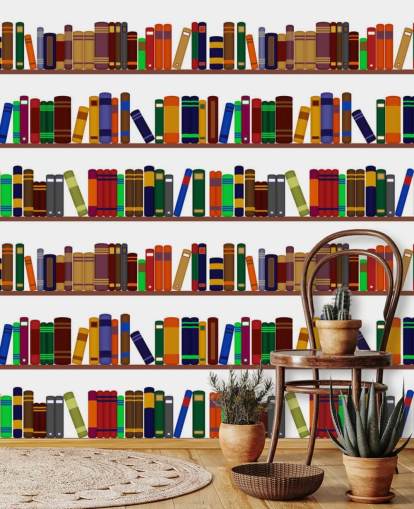 Kleurrijke boekenplank muurschildering