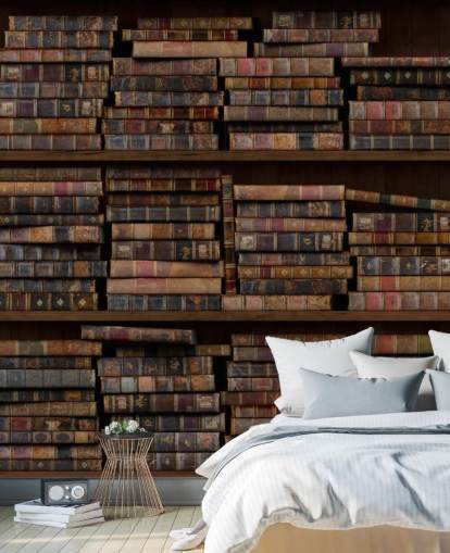 Stoffige boeken op planken muurschildering Stoffige boeken op planken muurschildering
