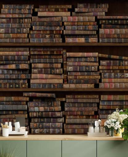 Decorazione murale con libri polverosi sugli scaffali Decorazione murale con libri polverosi sugli scaffali