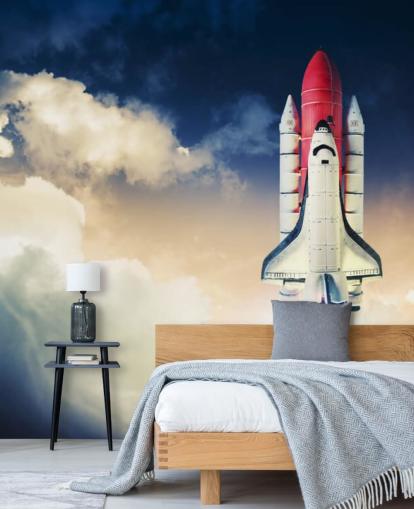 mural de papel pintado azul y blanco de la NASA llamado Space Shuttle Against Dark Sky para dormitorios de niños