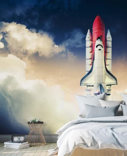 blått og hvitt NASA tapetmaleri kalt Space Shuttle against Dark Sky for barnas soverom