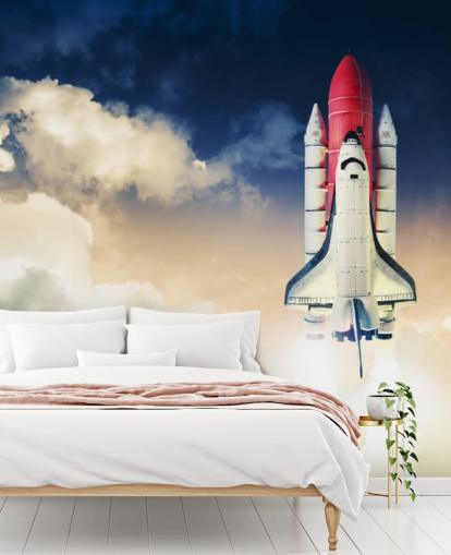 blå og hvid NASA tapetmaleri kaldet Space Shuttle mod mørk himmel til børns soveværelser