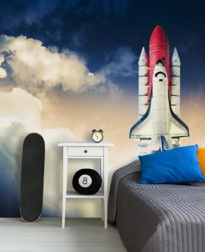 mural de papel pintado azul y blanco de la NASA llamado Space Shuttle Against Dark Sky para dormitorios de niños mural de papel pintado azul y blanco de la NASA llamado Space Shuttle Against Dark Sky para dormitorios de niños