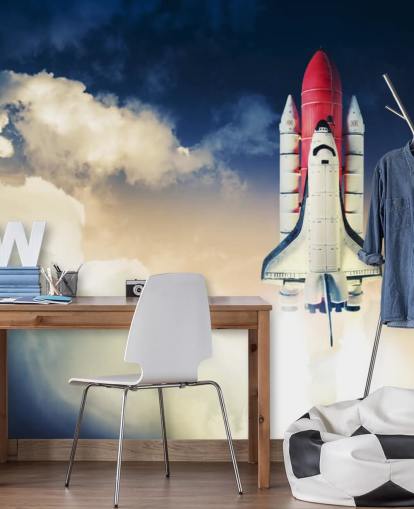 blauw-witte NASA-behangmuurschildering genaamd Space Shuttle against Dark Sky voor kinderkamers