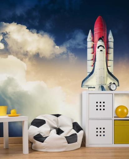 blått og hvitt NASA tapetmaleri kalt Space Shuttle against Dark Sky for barnas soverom