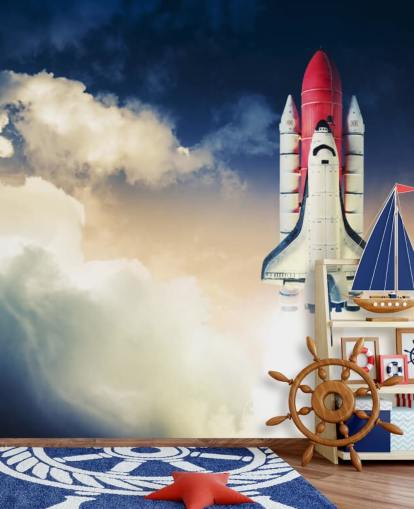 blå och vit NASA tapetväggmålning kallad Space Shuttle against Dark Sky för barnens sovrum