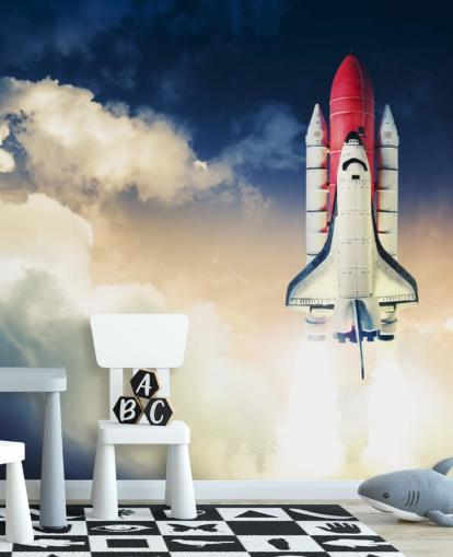 blå och vit NASA tapetväggmålning kallad Space Shuttle against Dark Sky för barnens sovrum