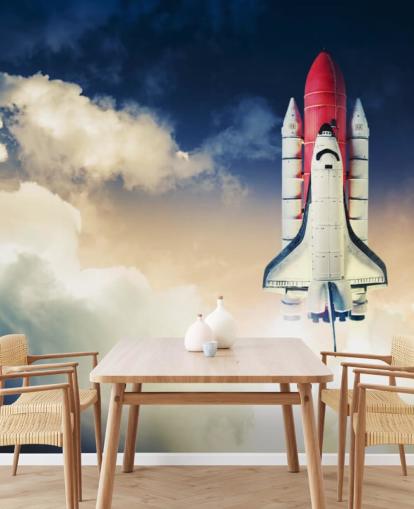 blau-weiße NASA-Tapete namens Space Shuttle against Dark Sky für Kinderzimmer