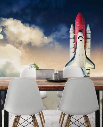 blauw-witte NASA-behangmuurschildering genaamd Space Shuttle against Dark Sky voor kinderkamers blauw-witte NASA-behangmuurschildering genaamd Space Shuttle against Dark Sky voor kinderkamers
