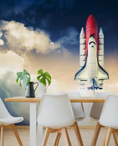 mural de papel pintado azul y blanco de la NASA llamado Space Shuttle Against Dark Sky para dormitorios de niños