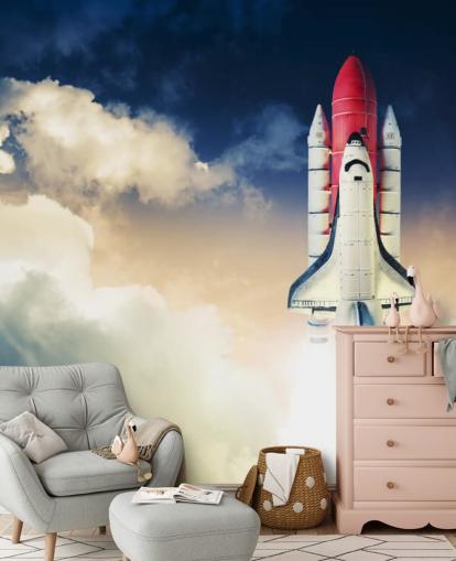 mural de papel pintado azul y blanco de la NASA llamado Space Shuttle Against Dark Sky para dormitorios de niños