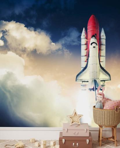 blauw-witte NASA-behangmuurschildering genaamd Space Shuttle against Dark Sky voor kinderkamers