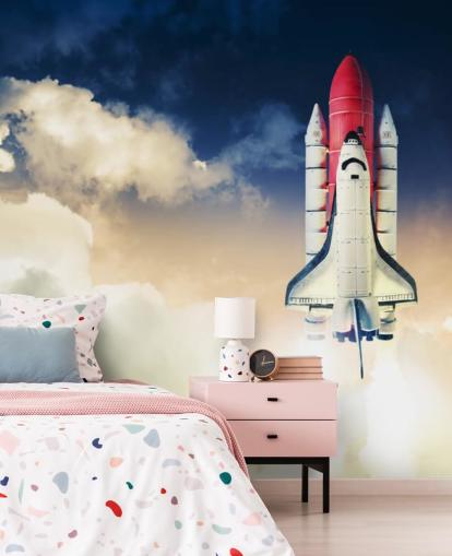 carta da parati murale blu e bianca della NASA chiamata Space Shuttle against Dark Sky per le camerette dei bambini carta da parati murale blu e bianca della NASA chiamata Space Shuttle against Dark Sky per le camerette dei bambini