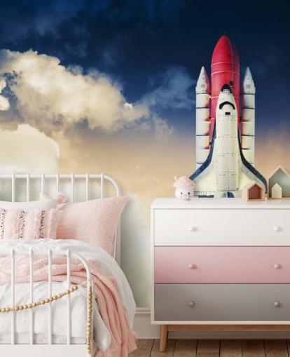 carta da parati murale blu e bianca della NASA chiamata Space Shuttle against Dark Sky per le camerette dei bambini