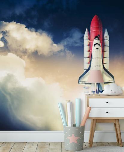 blue and white NASA wallpaper mural called Space Shuttle against Dark Sky for children's bedrooms blue and white NASA wallpaper mural called Space Shuttle against Dark Sky for children's bedrooms