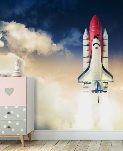 blue and white NASA wallpaper mural called Space Shuttle against Dark Sky for children's bedrooms