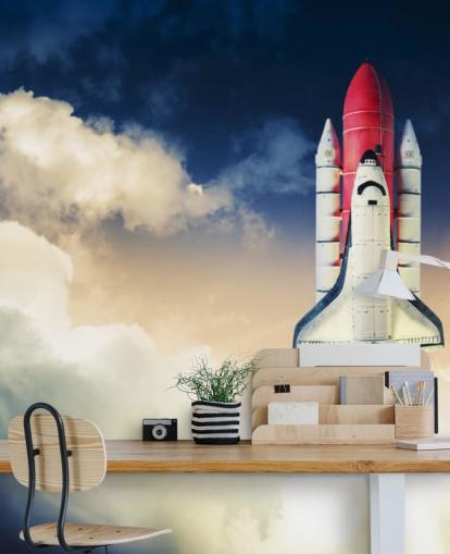 mural de papel pintado azul y blanco de la NASA llamado Space Shuttle Against Dark Sky para dormitorios de niños