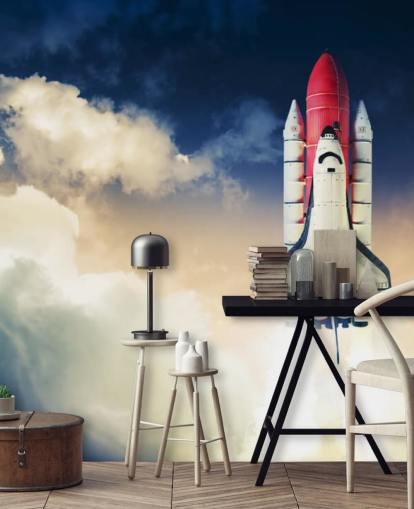 mural de papel de parede azul e branco da NASA chamado Space Shuttle against Dark Sky para quartos infantis