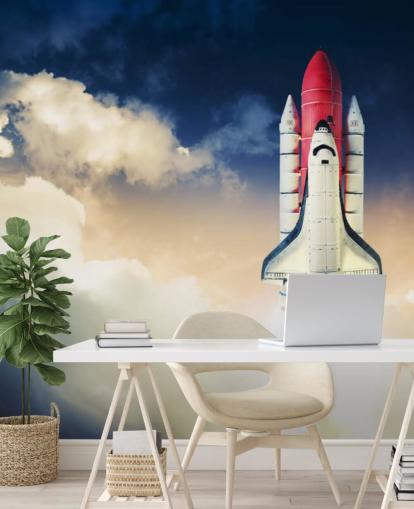 blått og hvitt NASA tapetmaleri kalt Space Shuttle against Dark Sky for barnas soverom