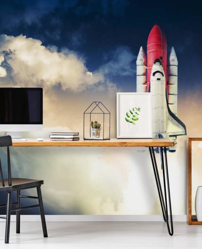 blauw-witte NASA-behangmuurschildering genaamd Space Shuttle against Dark Sky voor kinderkamers
