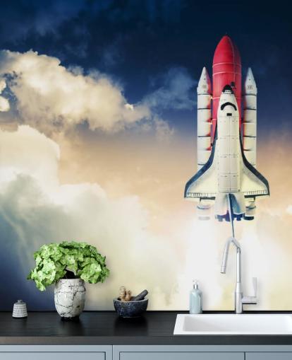 blue and white NASA wallpaper mural called Space Shuttle against Dark Sky for children's bedrooms