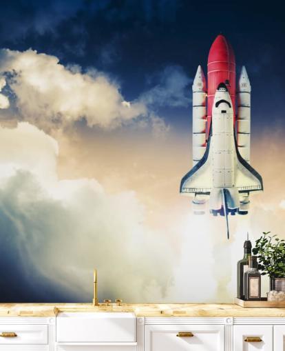 mural de papel pintado azul y blanco de la NASA llamado Space Shuttle Against Dark Sky para dormitorios de niños mural de papel pintado azul y blanco de la NASA llamado Space Shuttle Against Dark Sky para dormitorios de niños