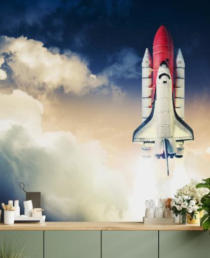 blue and white NASA wallpaper mural called Space Shuttle against Dark Sky for children's bedrooms