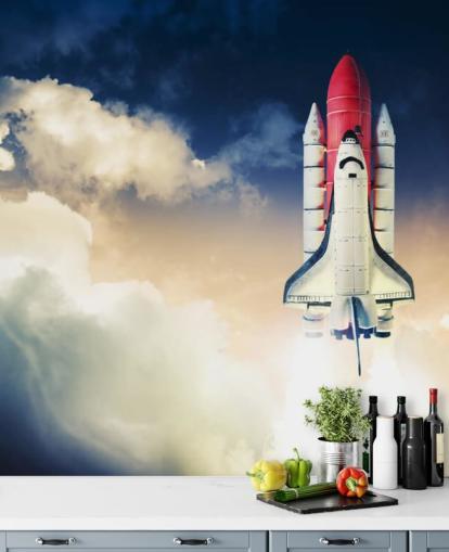 blå og hvid NASA tapetmaleri kaldet Space Shuttle mod mørk himmel til børns soveværelser blå og hvid NASA tapetmaleri kaldet Space Shuttle mod mørk himmel til børns soveværelser