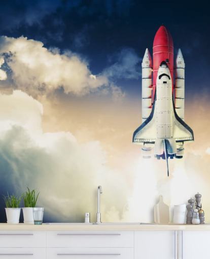 blue and white NASA wallpaper mural called Space Shuttle against Dark Sky for children's bedrooms