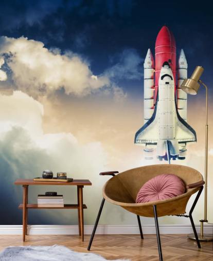 mural de papel pintado azul y blanco de la NASA llamado Space Shuttle Against Dark Sky para dormitorios de niños