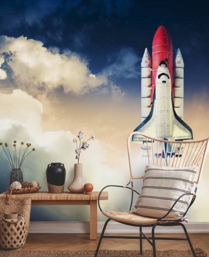 carta da parati murale blu e bianca della NASA chiamata Space Shuttle against Dark Sky per le camerette dei bambini carta da parati murale blu e bianca della NASA chiamata Space Shuttle against Dark Sky per le camerette dei bambini