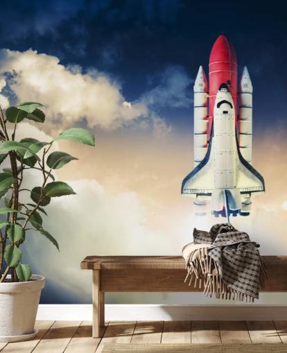 carta da parati murale blu e bianca della NASA chiamata Space Shuttle against Dark Sky per le camerette dei bambini carta da parati murale blu e bianca della NASA chiamata Space Shuttle against Dark Sky per le camerette dei bambini