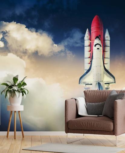 mural de papel pintado azul y blanco de la NASA llamado Space Shuttle Against Dark Sky para dormitorios de niños mural de papel pintado azul y blanco de la NASA llamado Space Shuttle Against Dark Sky para dormitorios de niños