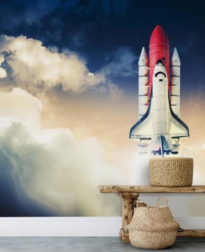 blue and white NASA wallpaper mural called Space Shuttle against Dark Sky for children's bedrooms
