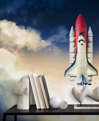 mural de papel pintado azul y blanco de la NASA llamado Space Shuttle Against Dark Sky para dormitorios de niños