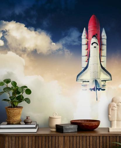 blue and white NASA wallpaper mural called Space Shuttle against Dark Sky for children's bedrooms blue and white NASA wallpaper mural called Space Shuttle against Dark Sky for children's bedrooms