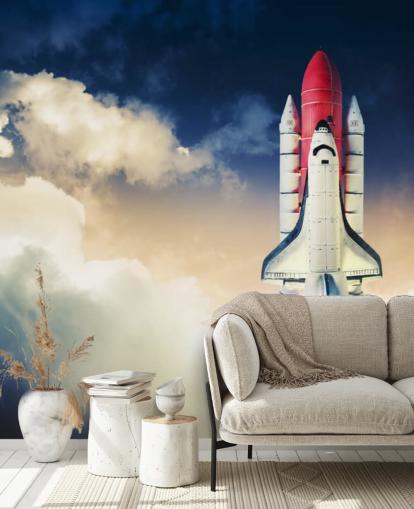 blå och vit NASA tapetväggmålning kallad Space Shuttle against Dark Sky för barnens sovrum