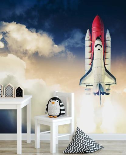 blue and white NASA wallpaper mural called Space Shuttle against Dark Sky for children's bedrooms