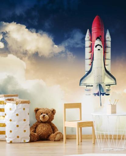 blue and white NASA wallpaper mural called Space Shuttle against Dark Sky for children's bedrooms blue and white NASA wallpaper mural called Space Shuttle against Dark Sky for children's bedrooms