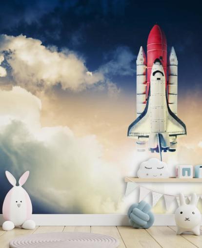 blue and white NASA wallpaper mural called Space Shuttle against Dark Sky for children's bedrooms