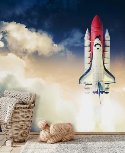 blue and white NASA wallpaper mural called Space Shuttle against Dark Sky for children's bedrooms