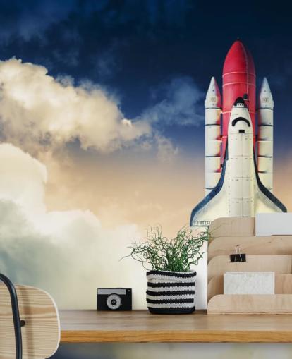 mural de papel pintado azul y blanco de la NASA llamado Space Shuttle Against Dark Sky para dormitorios de niños