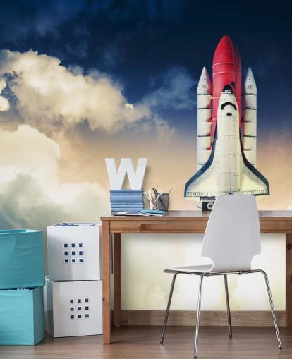 blau-weiße NASA-Tapete namens Space Shuttle against Dark Sky für Kinderzimmer