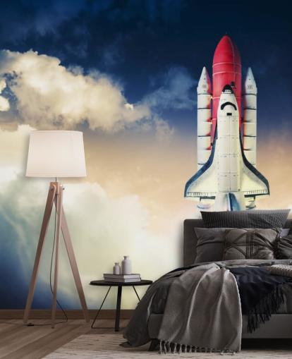 blue and white NASA wallpaper mural called Space Shuttle against Dark Sky for children's bedrooms