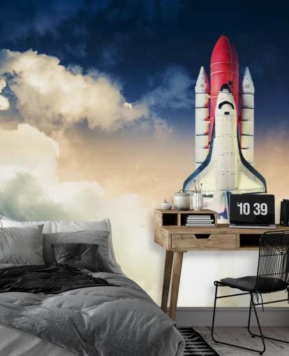 mural de papel pintado azul y blanco de la NASA llamado Space Shuttle Against Dark Sky para dormitorios de niños mural de papel pintado azul y blanco de la NASA llamado Space Shuttle Against Dark Sky para dormitorios de niños