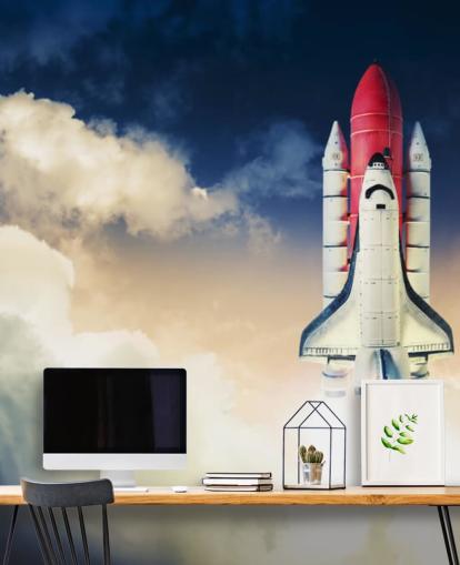 carta da parati murale blu e bianca della NASA chiamata Space Shuttle against Dark Sky per le camerette dei bambini