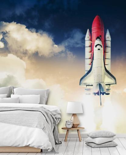 blauw-witte NASA-behangmuurschildering genaamd Space Shuttle against Dark Sky voor kinderkamers