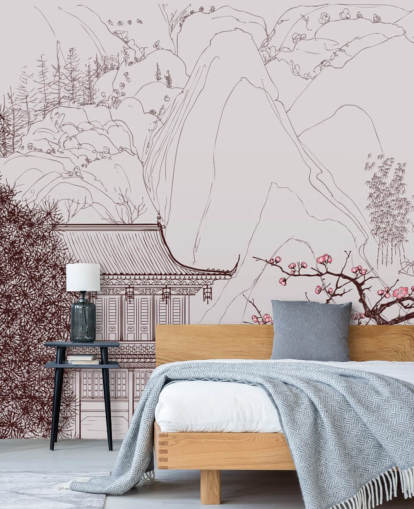 illustratie van traditionele oosterse huis en kersenbloesembomen behang